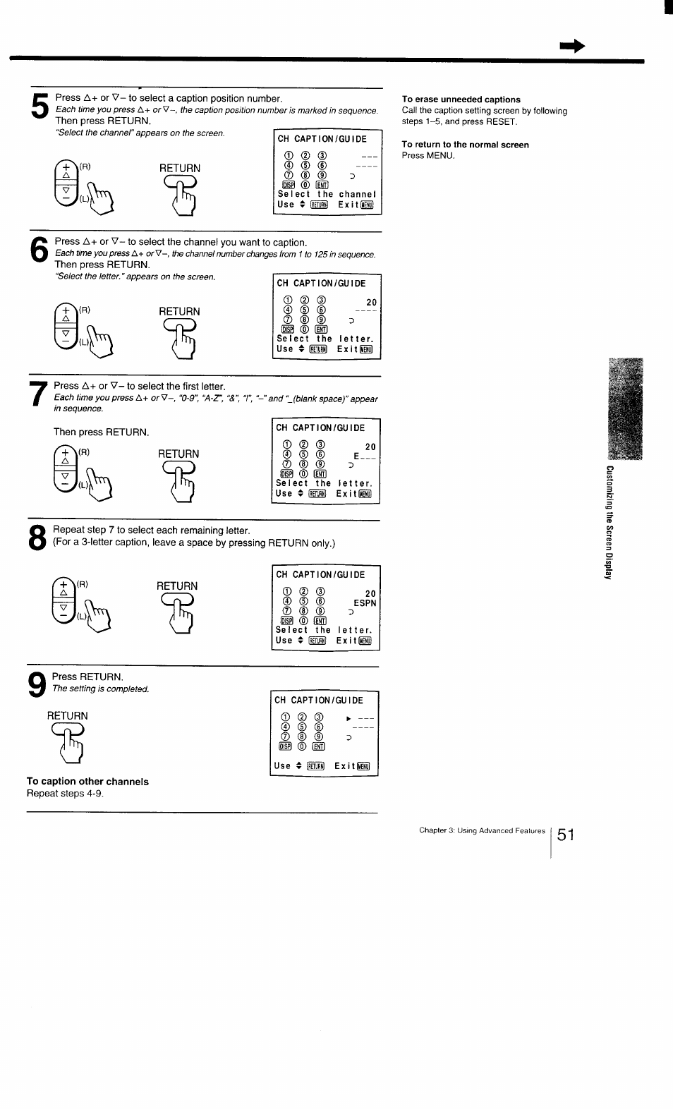 Press a+ or v- to select a caption position number, Then press return, Return | Press a+ or v- to select the first letter, Repeat step 7 to select each remaining letter, I press return, To caption other channels, Repeat steps 4-9 | Sony KV-27TS29 User Manual | Page 51 / 59