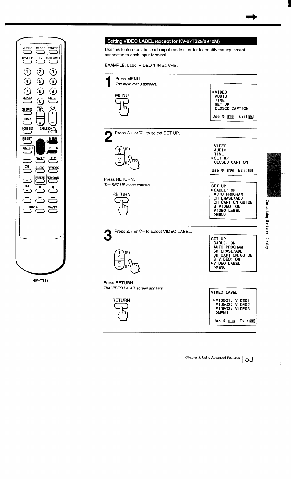 Setting video label (except for kv-27ts29/2970m), Example: label video 1 in as vhs, Press menu | Menu, Press a+ or v- to select set up, Press return, Return, Press a+ or v- to select video label | Sony KV-27TS29 User Manual | Page 53 / 59