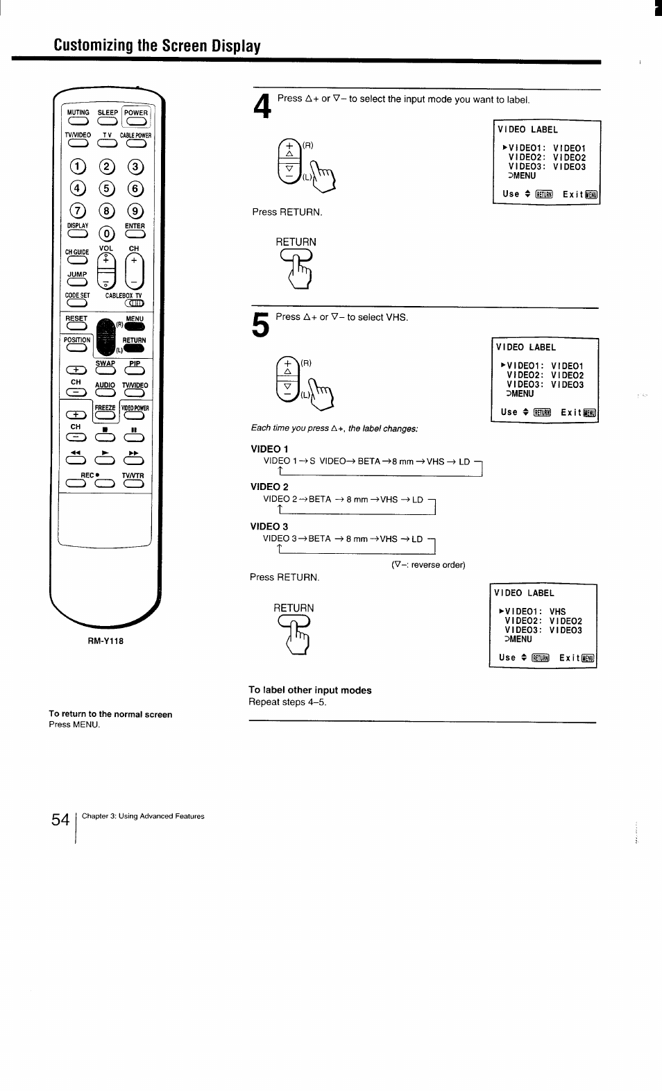 Customizing the screen display, Return | Sony KV-27TS29 User Manual | Page 54 / 59