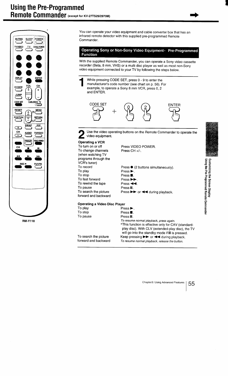 Using the pre-programmed remote commander | Sony KV-27TS29 User Manual | Page 55 / 59