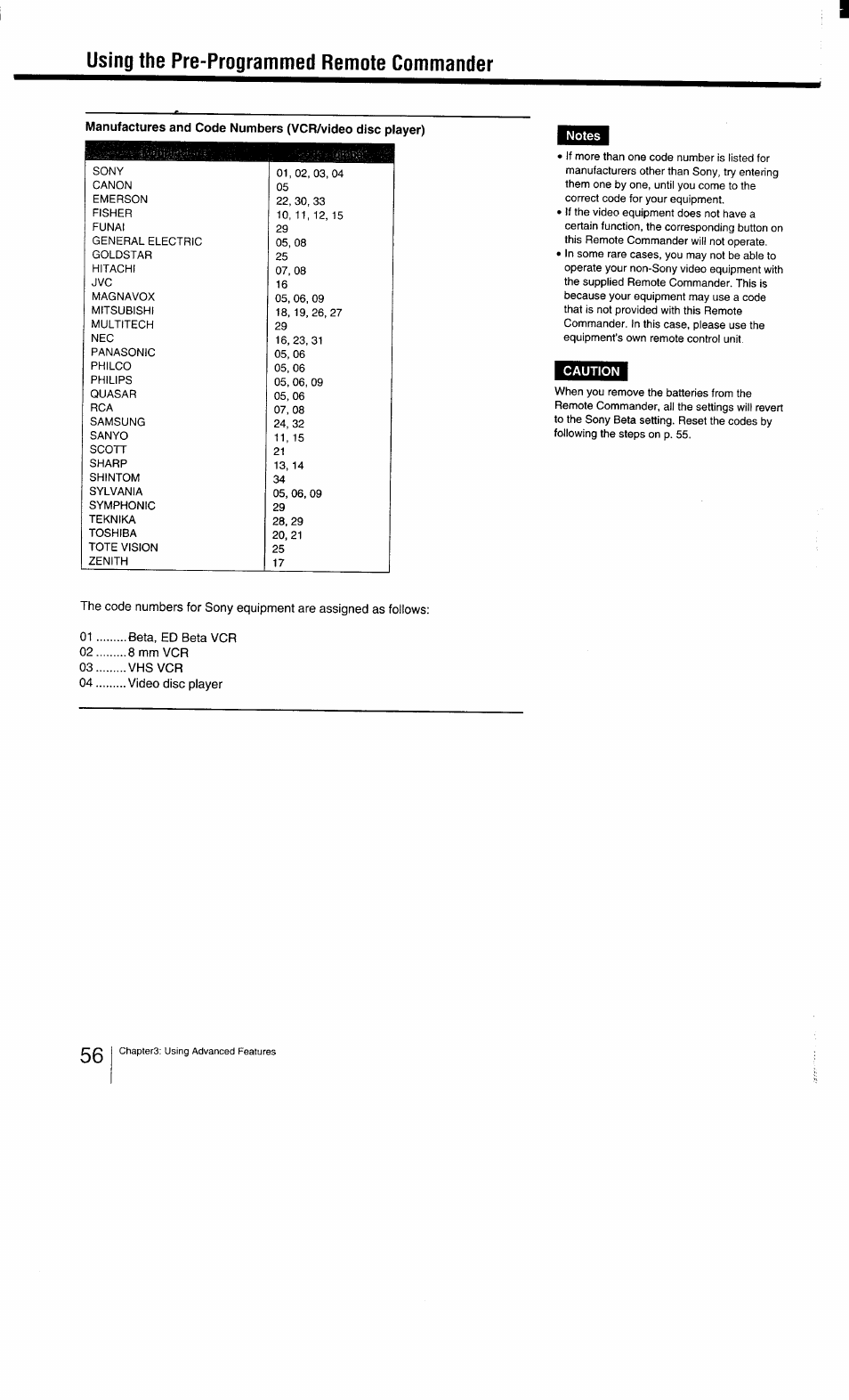 Using the pre-programmed remote commander, Caution, 01 beta, ed beta vcr | 02 8 mm vcr, 03 vhs vcr, 04 video disc player | Sony KV-27TS29 User Manual | Page 56 / 59