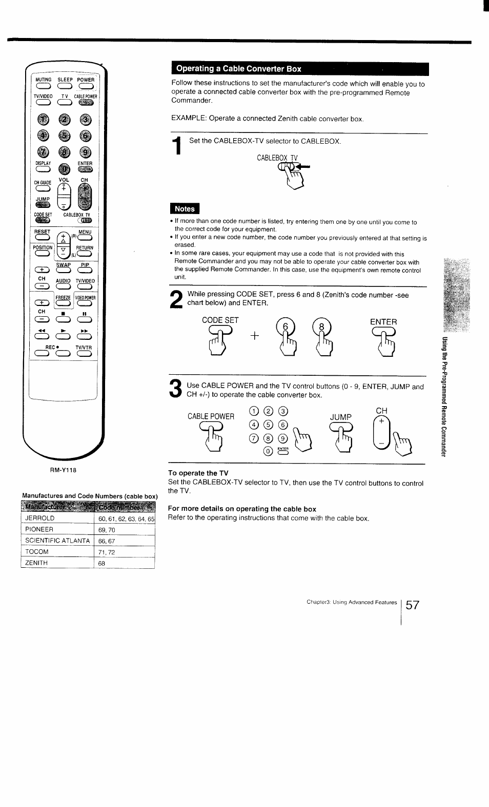 Operating a cable converter box, Notes, Code set | Cable power, Jump, To operate the tv, For more details on operating the cable box | Sony KV-27TS29 User Manual | Page 57 / 59