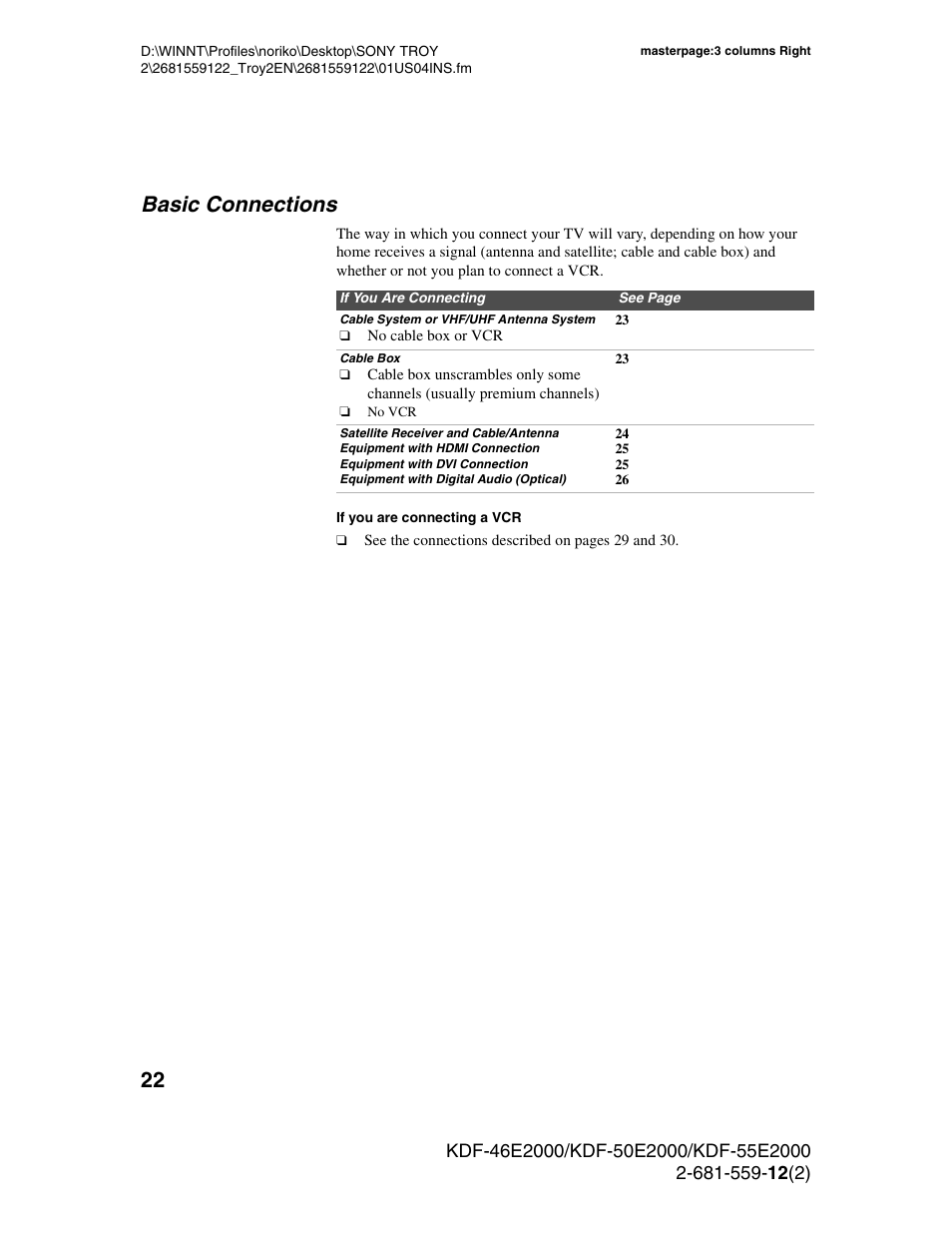 Basic connections | Sony KDF-50X30 User Manual | Page 22 / 90