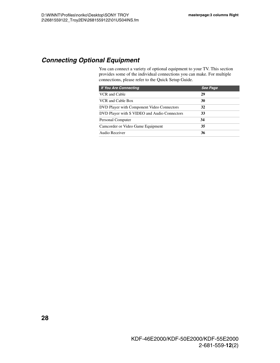 Connecting optional equipment | Sony KDF-50X30 User Manual | Page 28 / 90