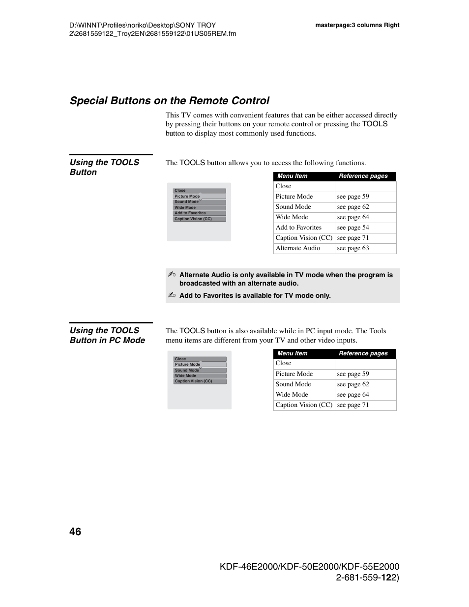 Special buttons on the remote control, Using the tools button, Using the tools button in pc mode | Sony KDF-50X30 User Manual | Page 46 / 90