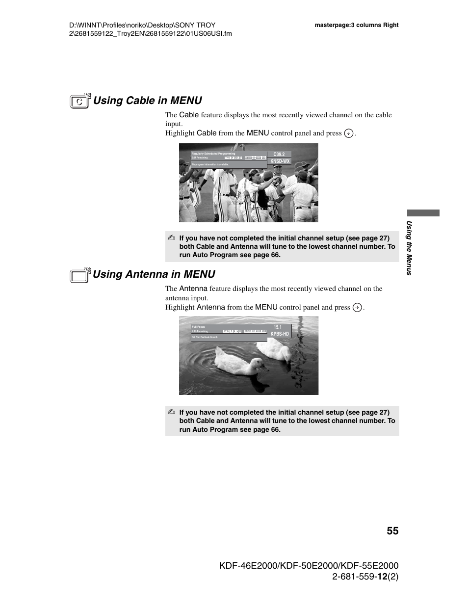 Using cable in menu, Using antenna in menu, Using cable in menu using antenna in menu | Sony KDF-50X30 User Manual | Page 55 / 90