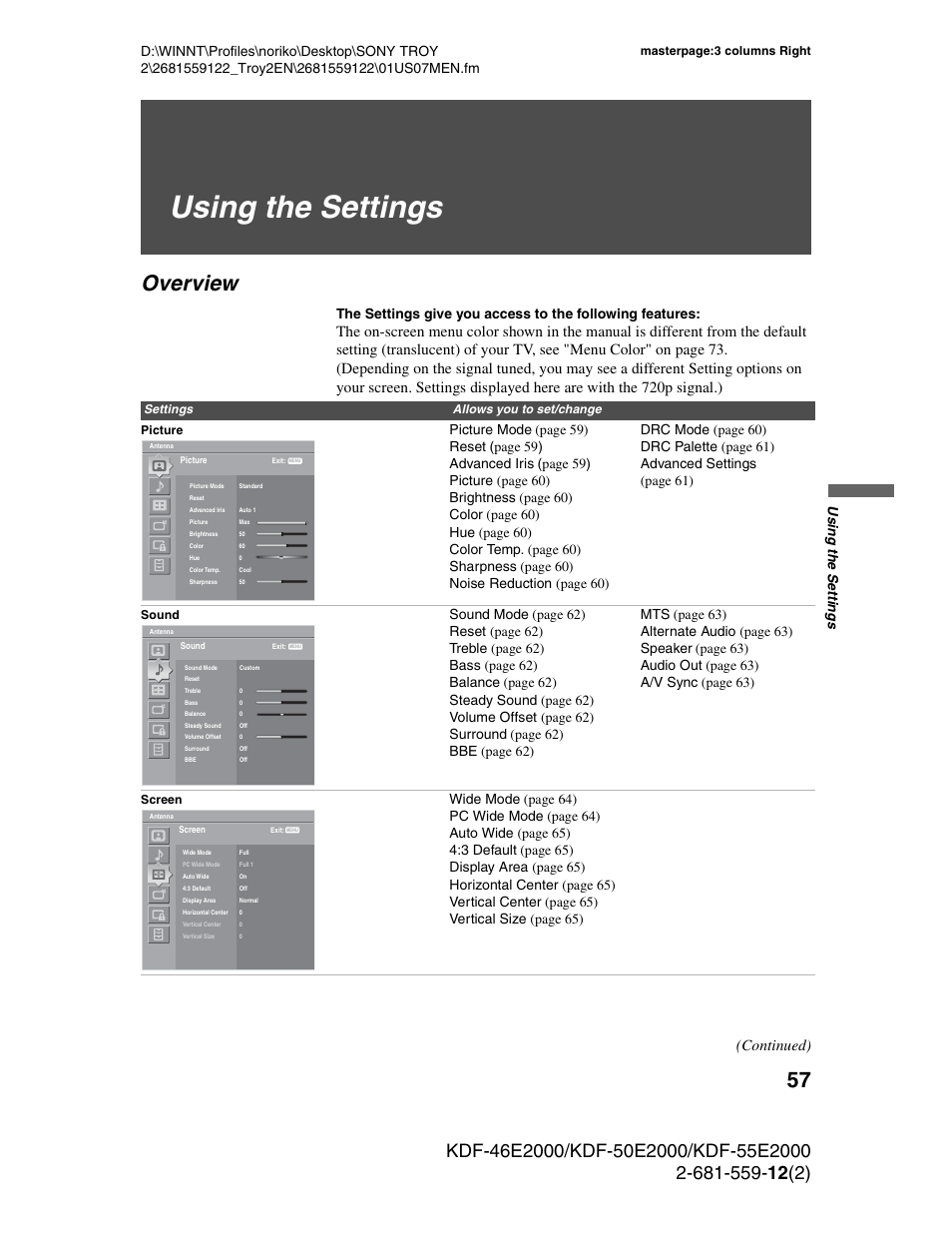 Using the settings, Overview, Using the settings on | Continued), Us ing the setting s | Sony KDF-50X30 User Manual | Page 57 / 90