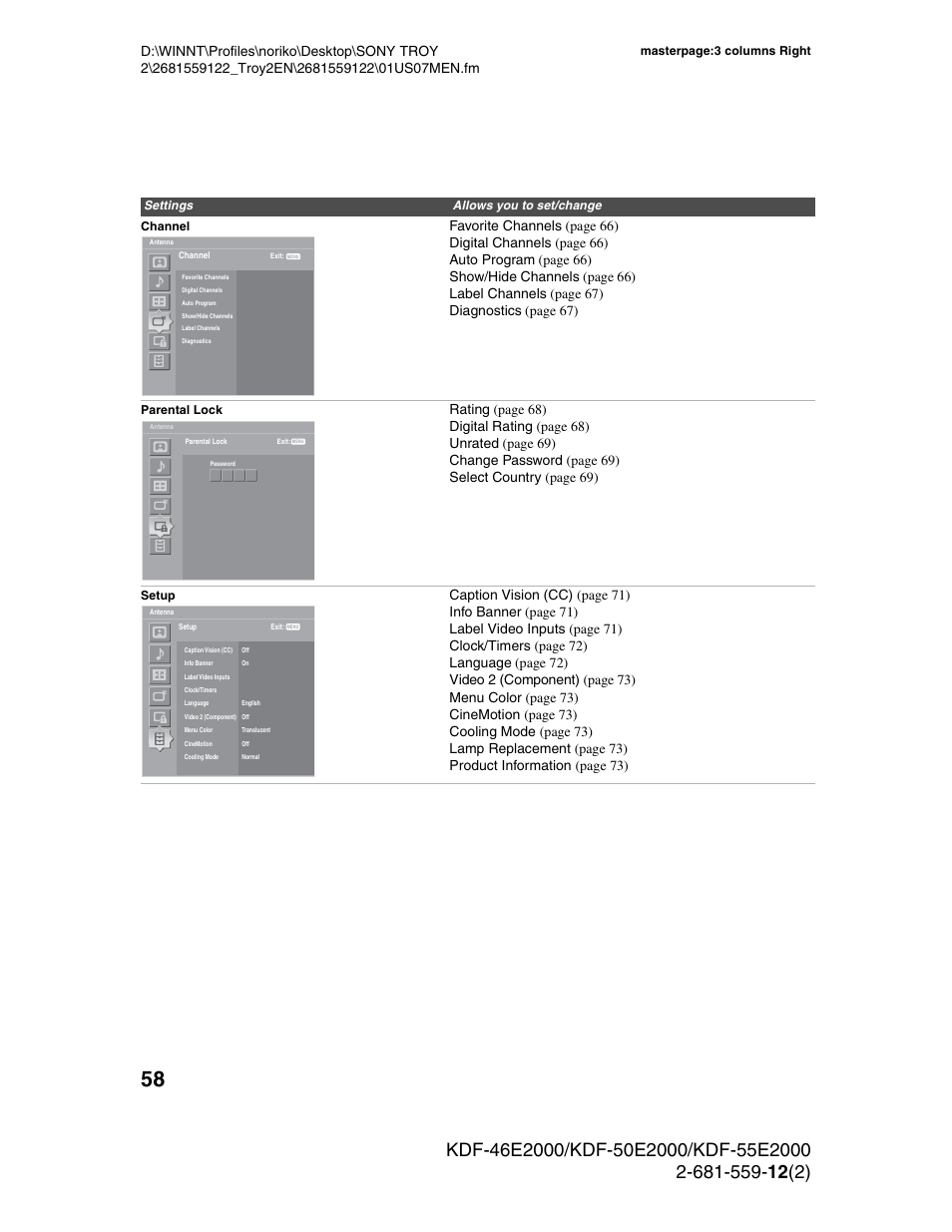 Sony KDF-50X30 User Manual | Page 58 / 90