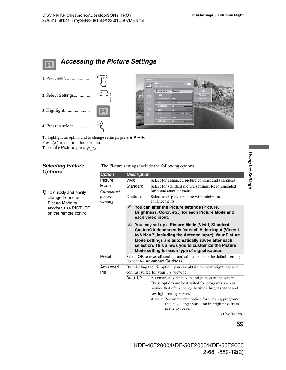 Accessing the picture settings, Selecting picture options | Sony KDF-50X30 User Manual | Page 59 / 90