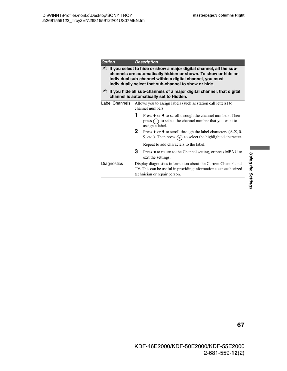 Sony KDF-50X30 User Manual | Page 67 / 90