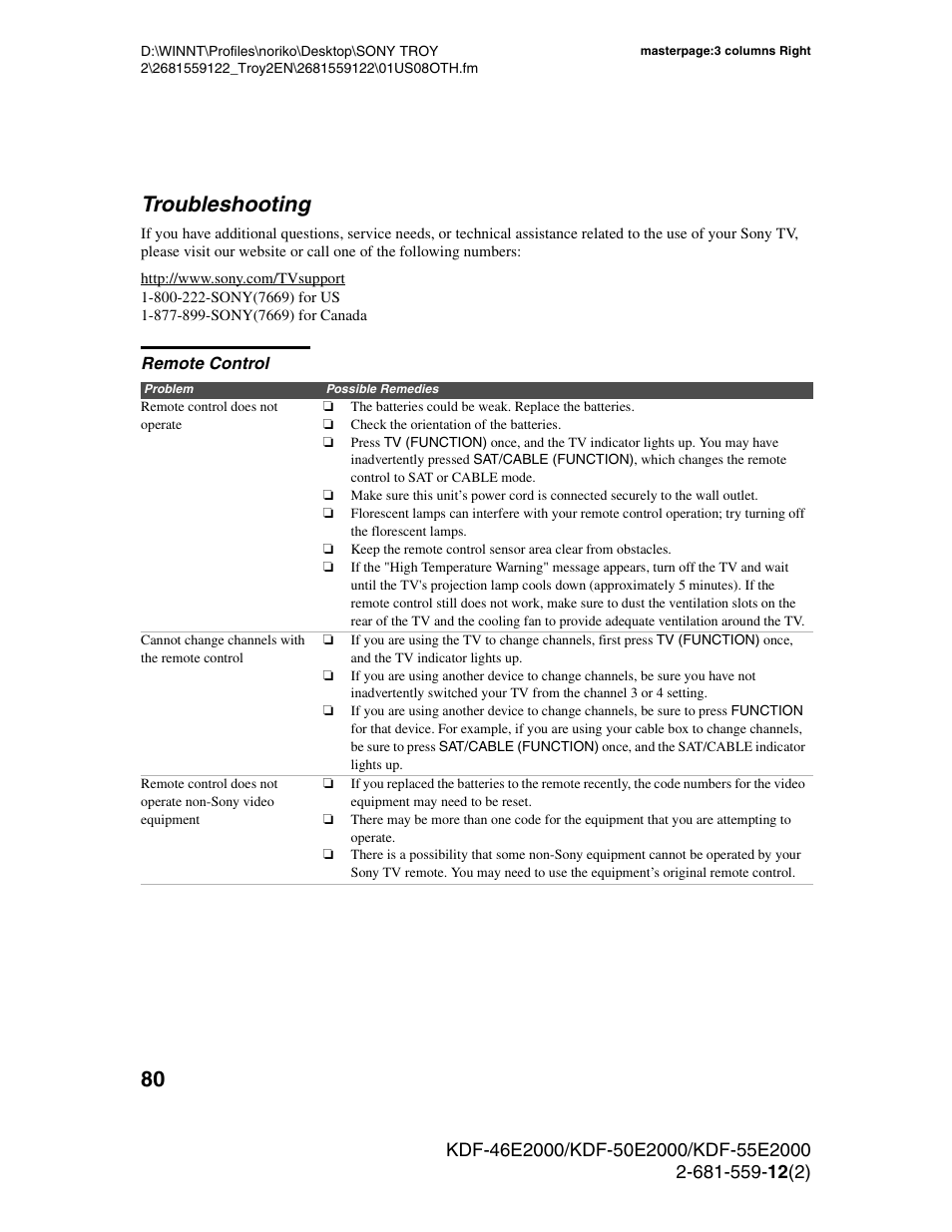 Troubleshooting, Remote control | Sony KDF-50X30 User Manual | Page 80 / 90