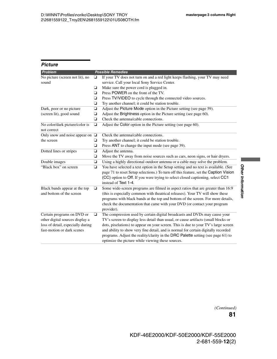 Picture | Sony KDF-50X30 User Manual | Page 81 / 90