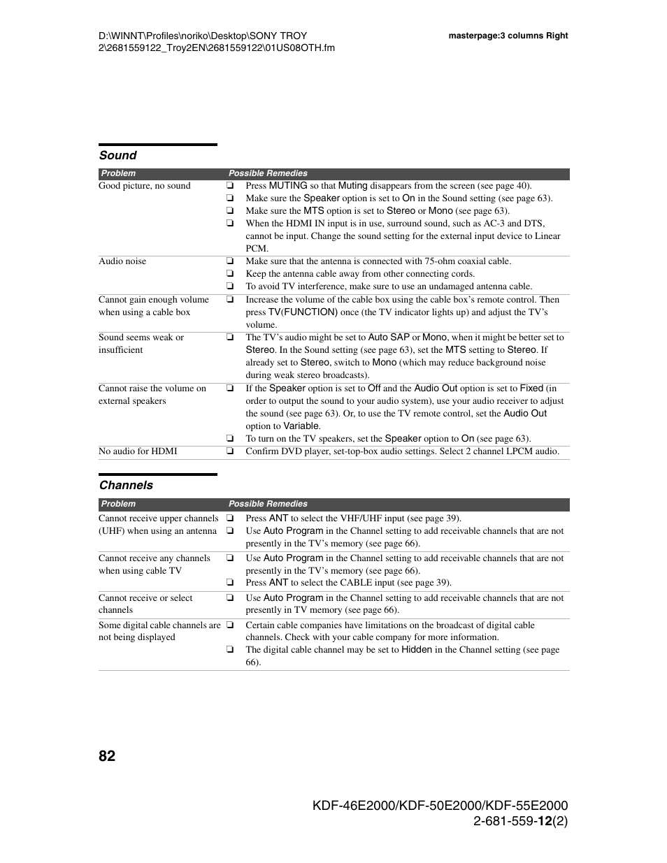 Sound, Channels, Sound channels | Sony KDF-50X30 User Manual | Page 82 / 90
