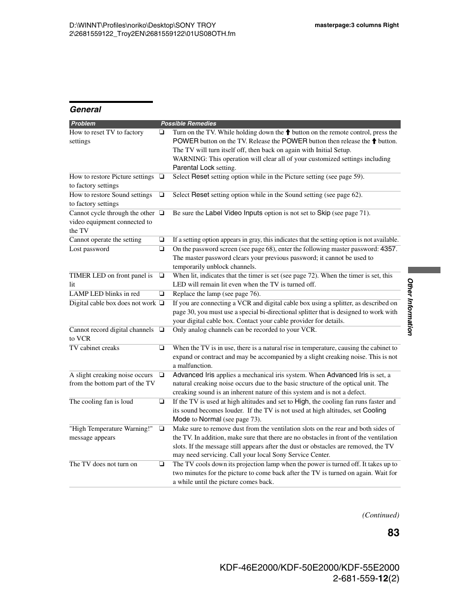 General | Sony KDF-50X30 User Manual | Page 83 / 90