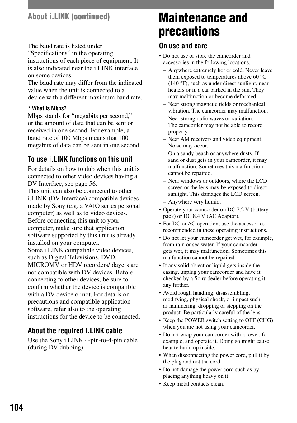 Maintenance and precautions, About i.link (continued) | Sony DCR-PC55 User Manual | Page 104 / 115
