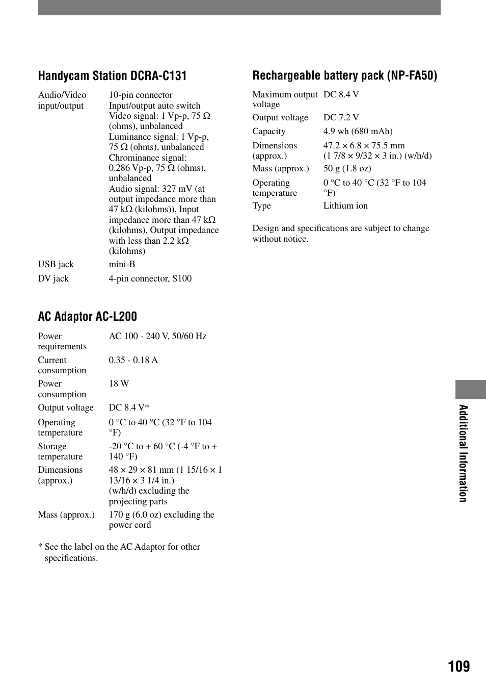 Handycam station dcra-c131, Ac adaptor ac-l200, Rechargeable battery pack (np-fa50) | Sony DCR-PC55 User Manual | Page 109 / 115