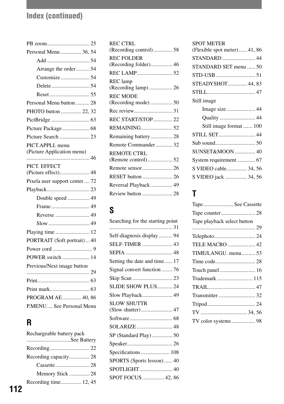 Index (continued) | Sony DCR-PC55 User Manual | Page 112 / 115