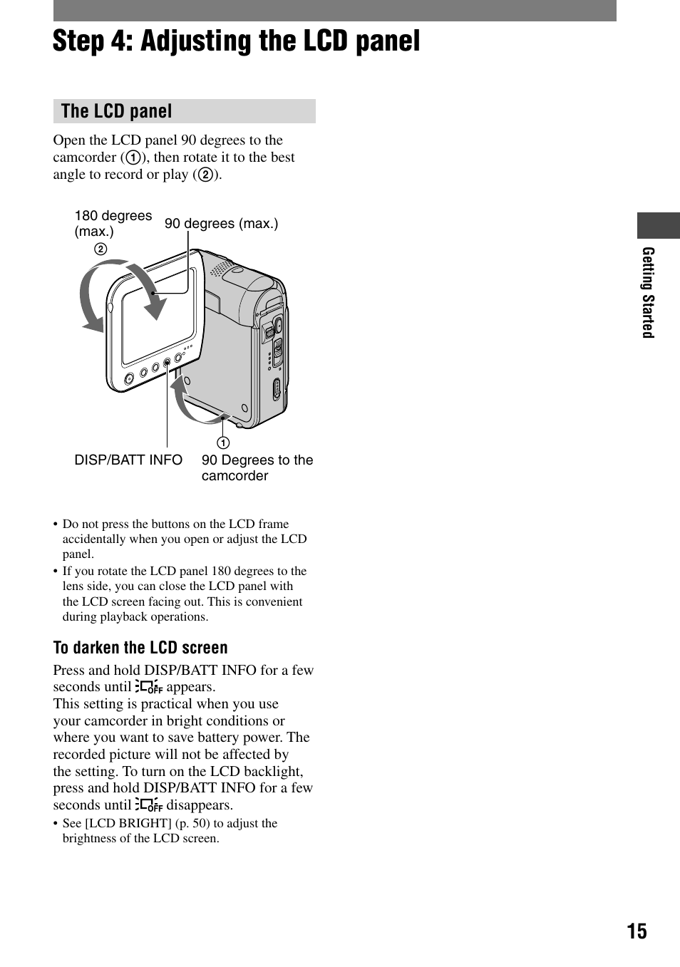 Step 4: adjusting the lcd panel, The lcd panel | Sony DCR-PC55 User Manual | Page 15 / 115