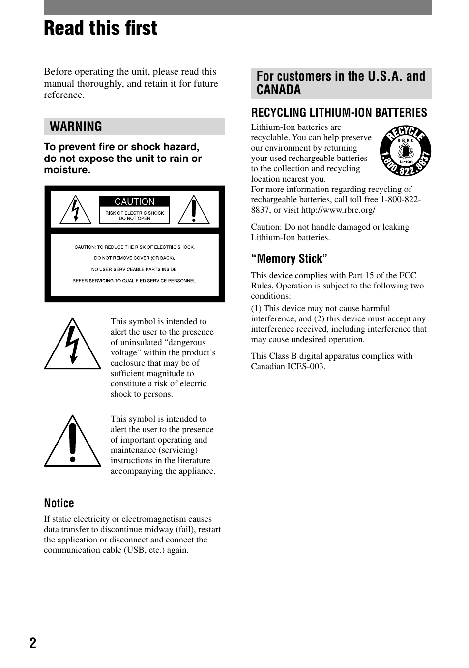 Read this first, Read this ﬁrst, Warning | For customers in the u.s.a. and canada | Sony DCR-PC55 User Manual | Page 2 / 115
