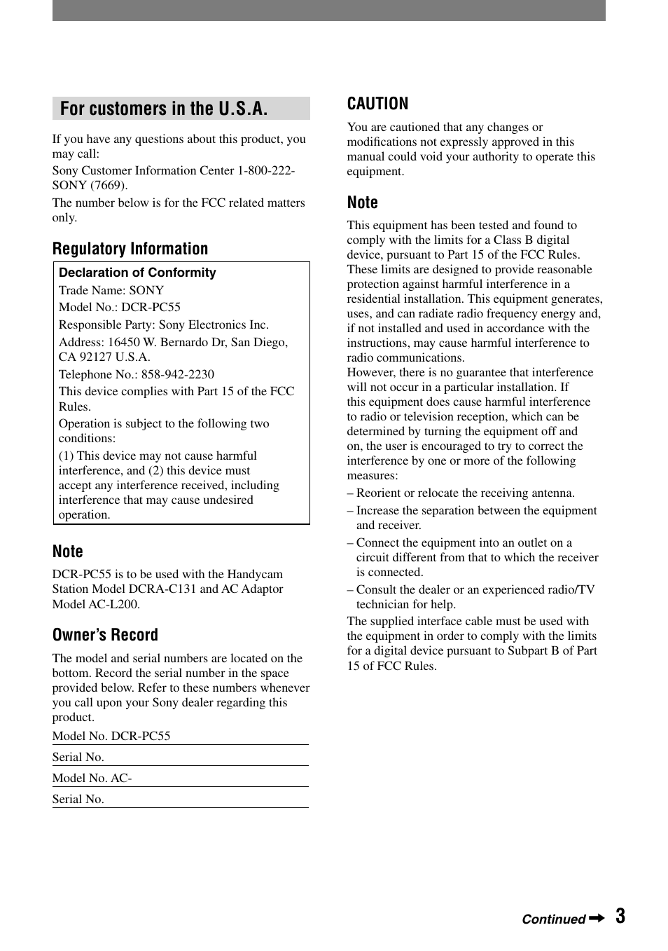 For customers in the u.s.a | Sony DCR-PC55 User Manual | Page 3 / 115