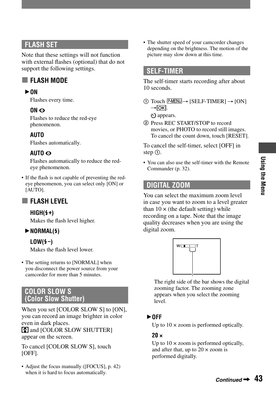 Flash set, Color slow s (color slow shutter), Self-timer | Digital zoom | Sony DCR-PC55 User Manual | Page 43 / 115
