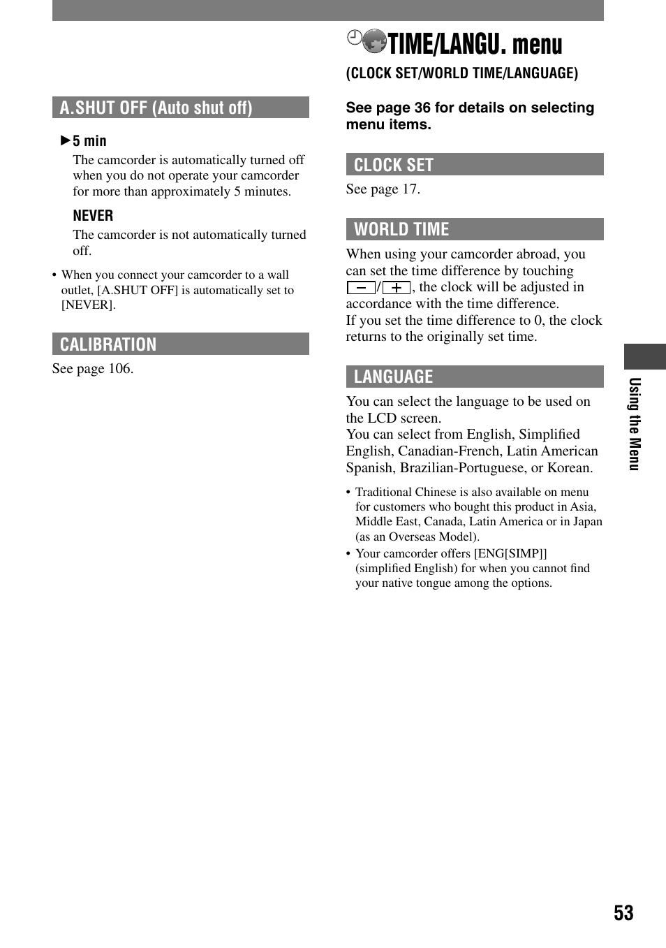 Time/langu. menu | Sony DCR-PC55 User Manual | Page 53 / 115