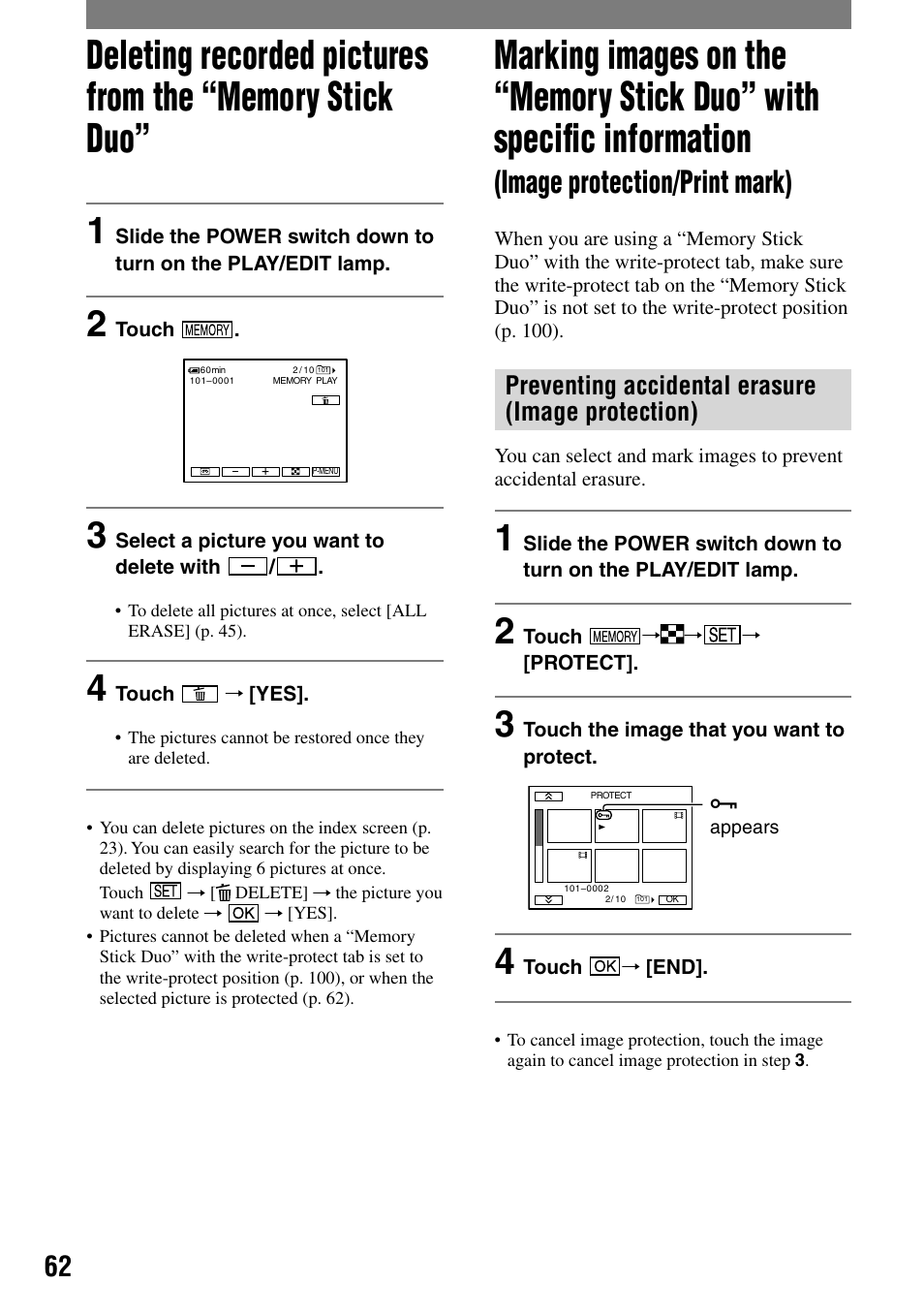 Image protection/print mark), Preventing accidental erasure (image protection) | Sony DCR-PC55 User Manual | Page 62 / 115