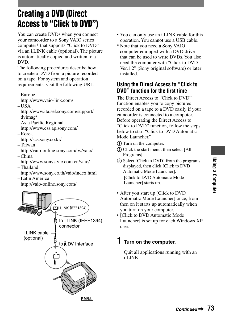 Creating a dvd (direct access to “click to dvd”) | Sony DCR-PC55 User Manual | Page 73 / 115