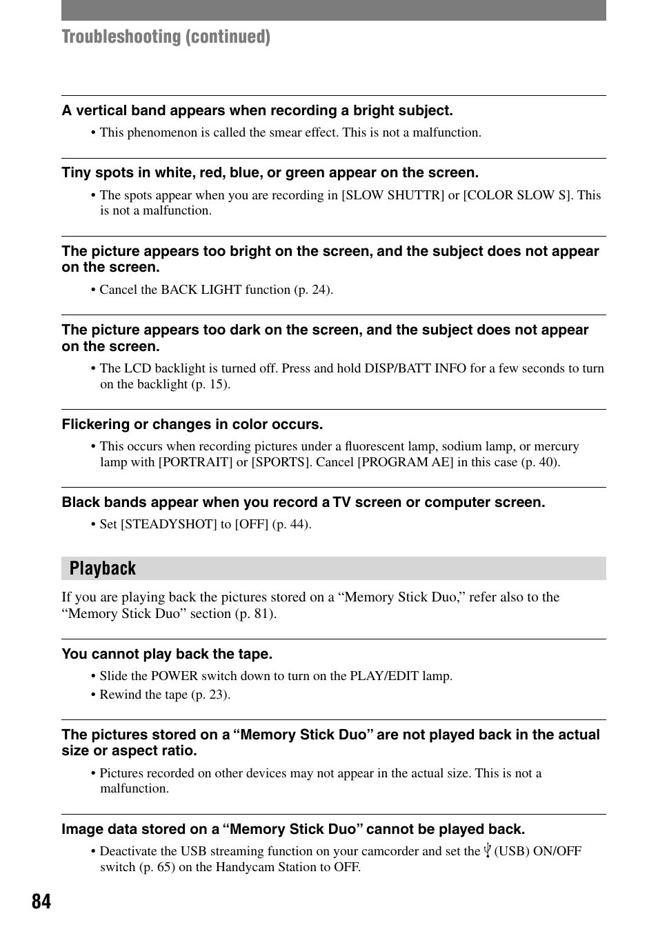 Playback, Troubleshooting (continued) | Sony DCR-PC55 User Manual | Page 84 / 115