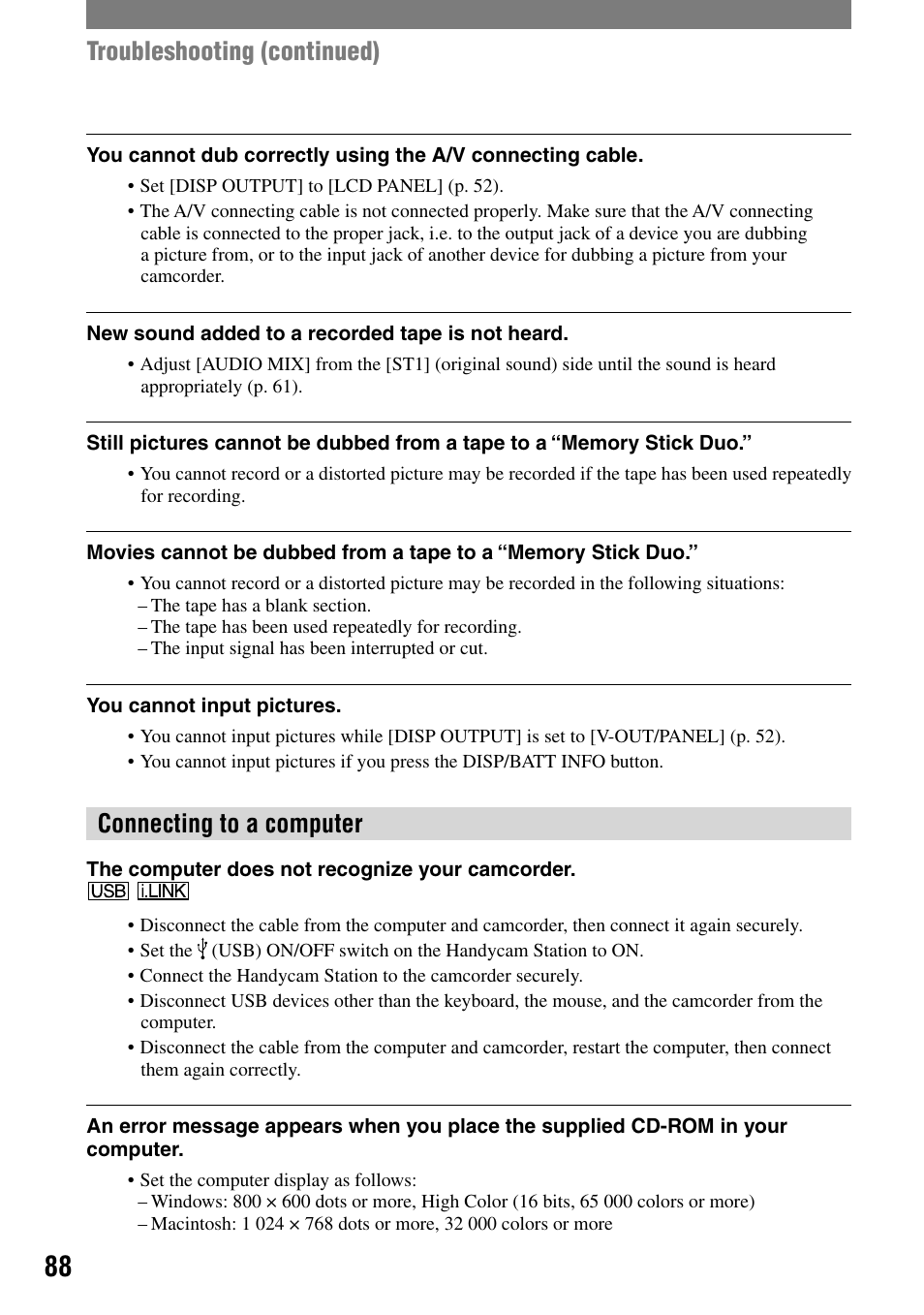 Connecting to a computer, Troubleshooting (continued) | Sony DCR-PC55 User Manual | Page 88 / 115