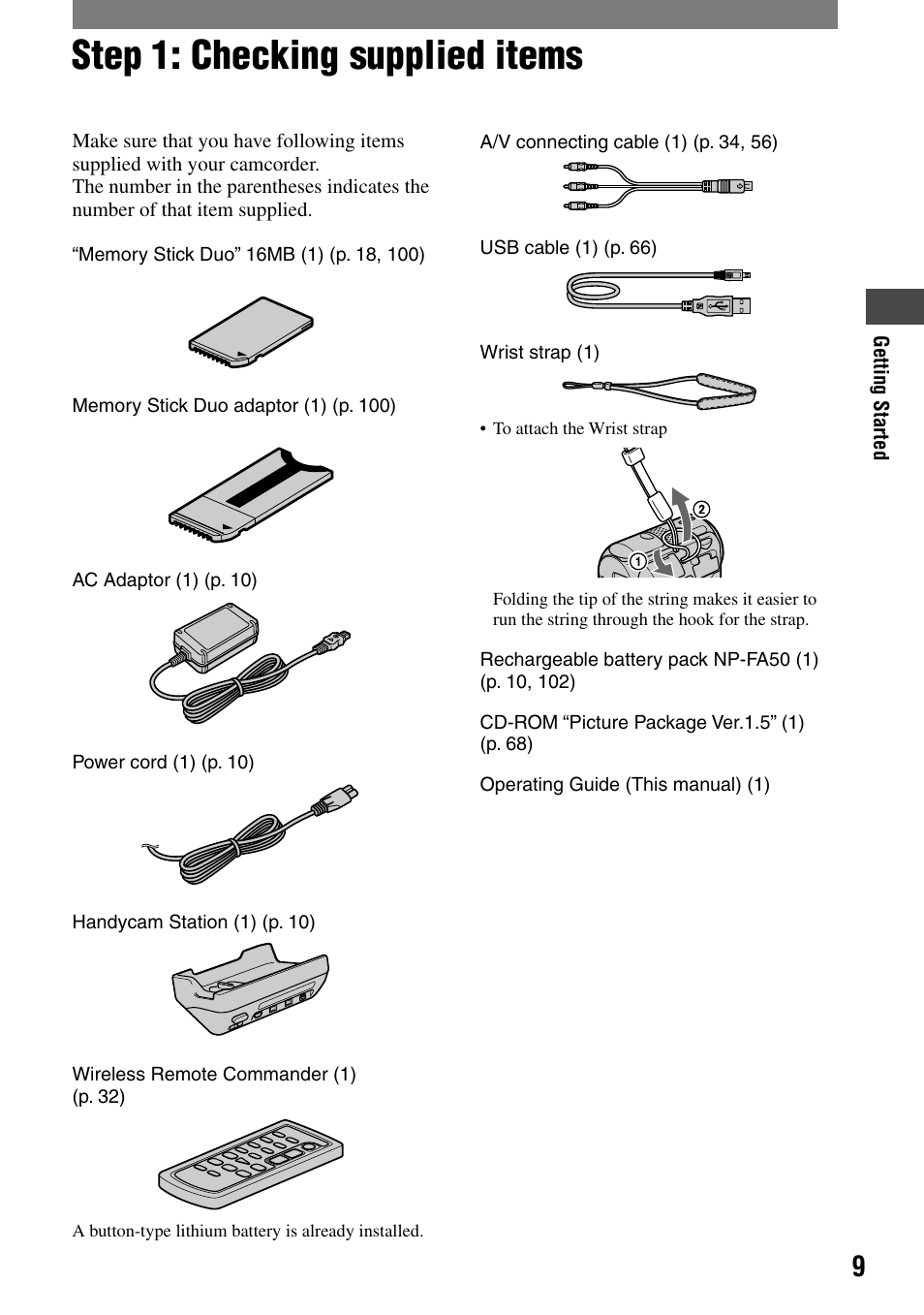 Getting started, Step 1: checking supplied items | Sony DCR-PC55 User Manual | Page 9 / 115