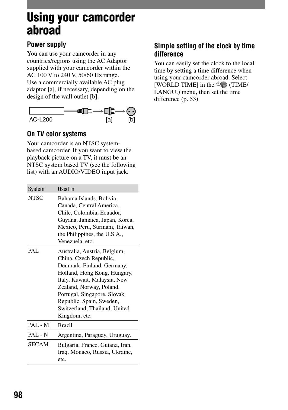 Additional information, Using your camcorder abroad | Sony DCR-PC55 User Manual | Page 98 / 115