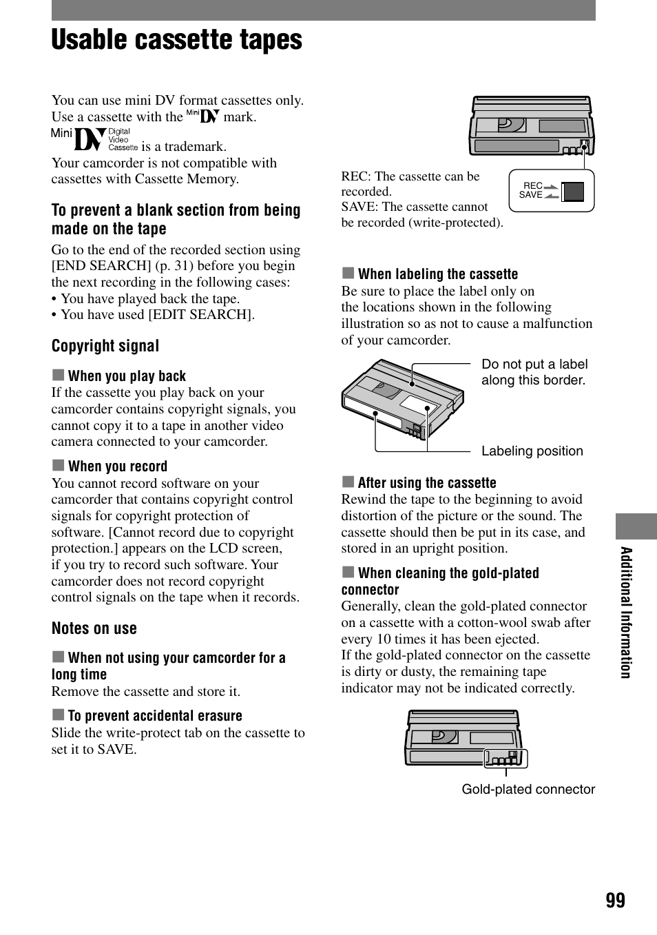 Usable cassette tapes | Sony DCR-PC55 User Manual | Page 99 / 115