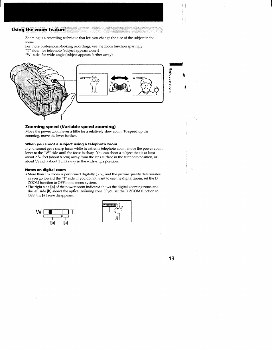 Using the zoom feature, Zooming speed (variable speed zooming), When you shoot a subject using a telephoto zoom | Notes on digital zoom | Sony CCD-TR910 User Manual | Page 13 / 80