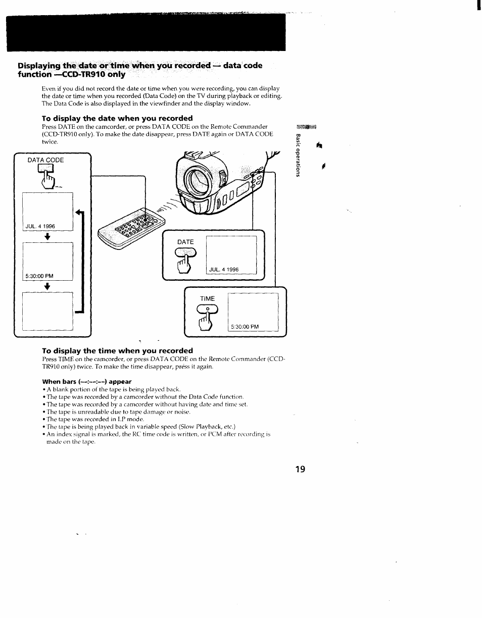 To display the date when you recorded, To display the time when you recorded, When bars (—:—:—) appear | Sony CCD-TR910 User Manual | Page 19 / 80