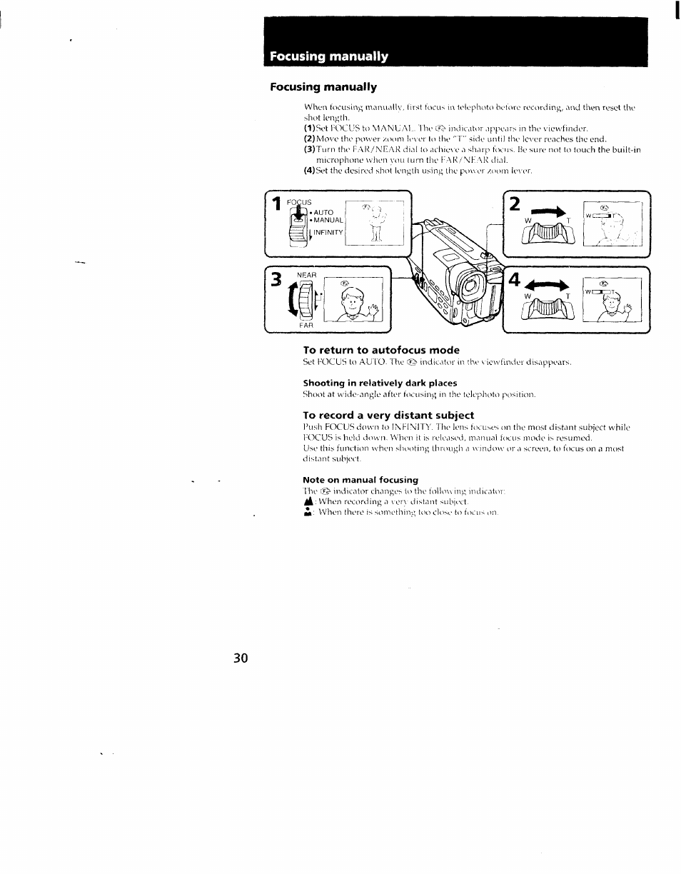 Focusing manually, Shooting in relatively dark places, Note on manual focusing | Sony CCD-TR910 User Manual | Page 30 / 80