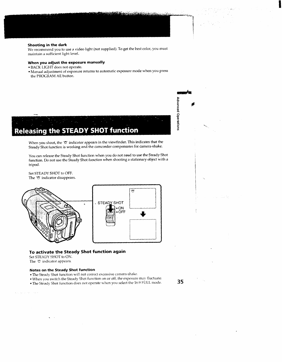 Shooting in the dark, When you adjust the exposure manually, To activate the steady shot function again | Notes on the steady shot function, Releasing the steady shot function | Sony CCD-TR910 User Manual | Page 35 / 80