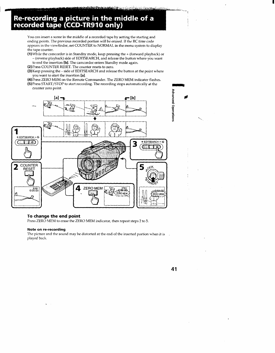 To change the end point, Note on re-recording | Sony CCD-TR910 User Manual | Page 41 / 80