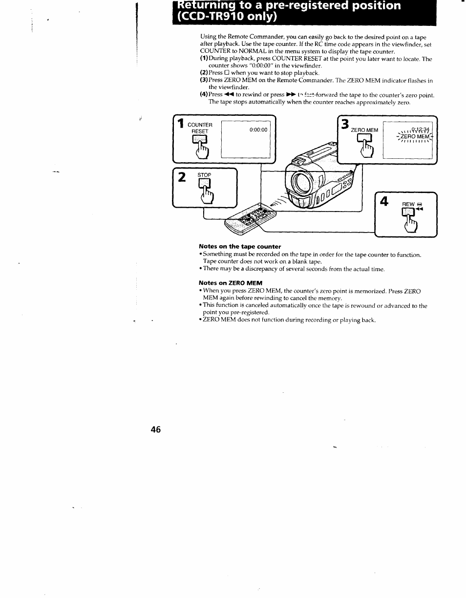 Notes on the tape counter, Notes on zero mem | Sony CCD-TR910 User Manual | Page 46 / 80
