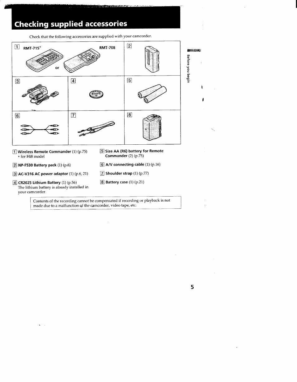 Checking supplied accessories | Sony CCD-TR910 User Manual | Page 5 / 80
