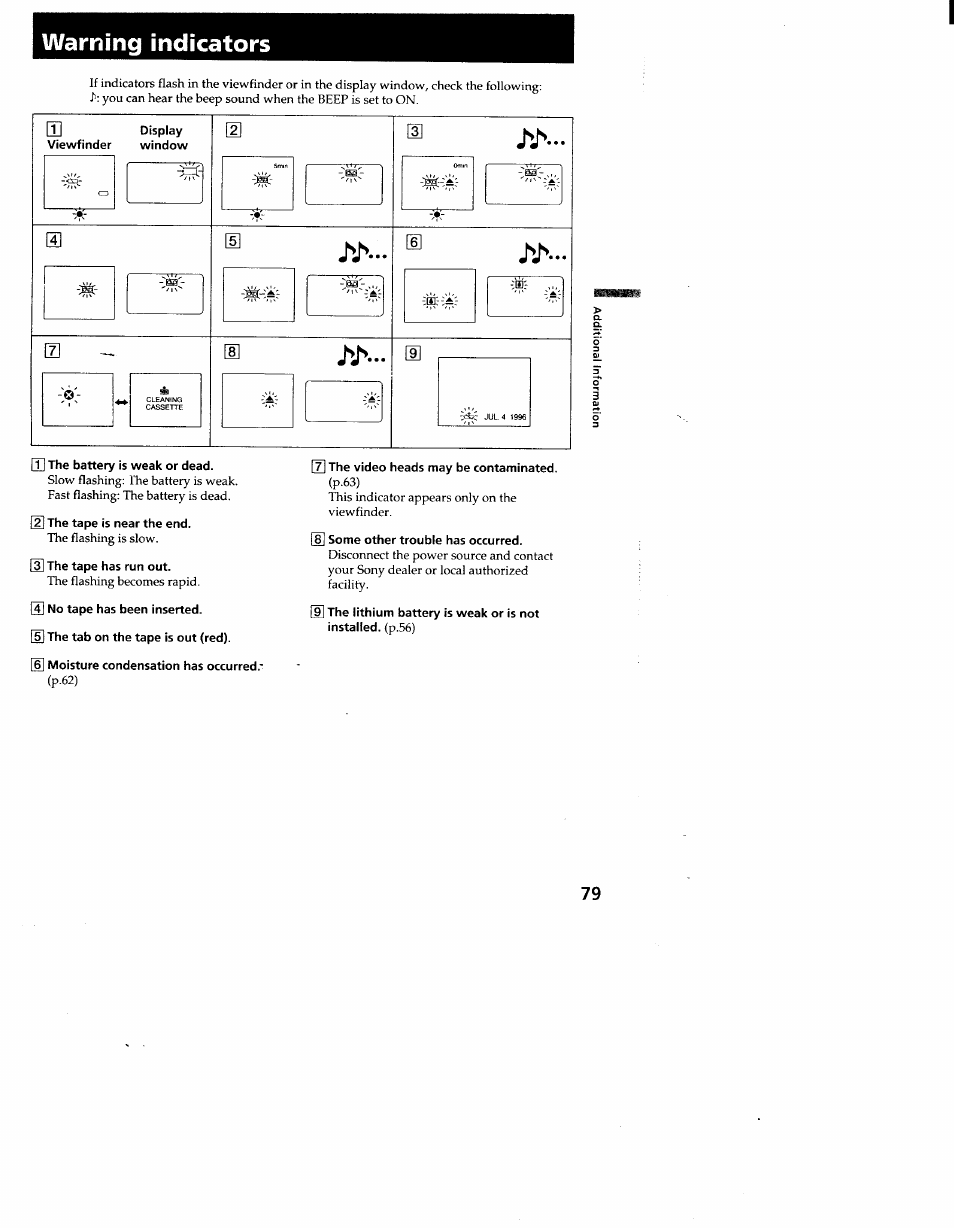 Warning indicators | Sony CCD-TR910 User Manual | Page 79 / 80