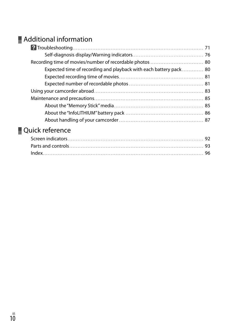 Additional information, Quick reference | Sony DCR-SR88 User Manual | Page 10 / 98