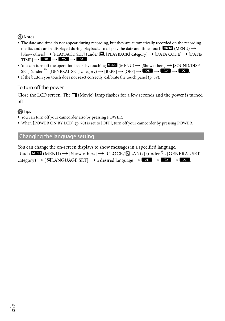 Changing the language setting | Sony DCR-SR88 User Manual | Page 16 / 98