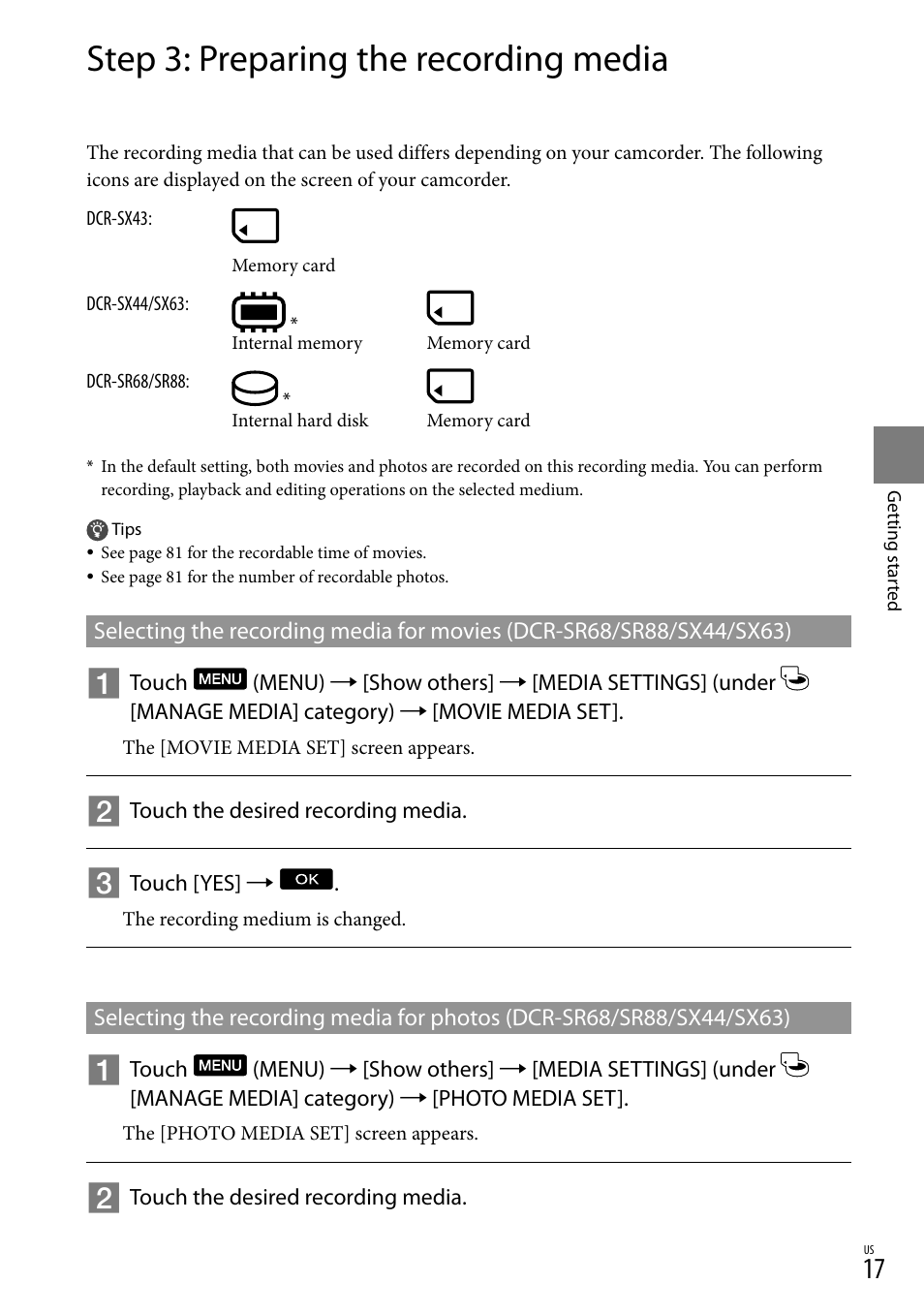 Step 3: preparing the recording media | Sony DCR-SR88 User Manual | Page 17 / 98