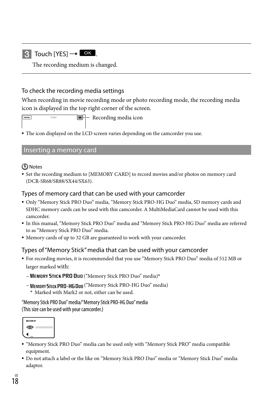 Inserting a memory card, E 18 f, Touch [yes | Sony DCR-SR88 User Manual | Page 18 / 98