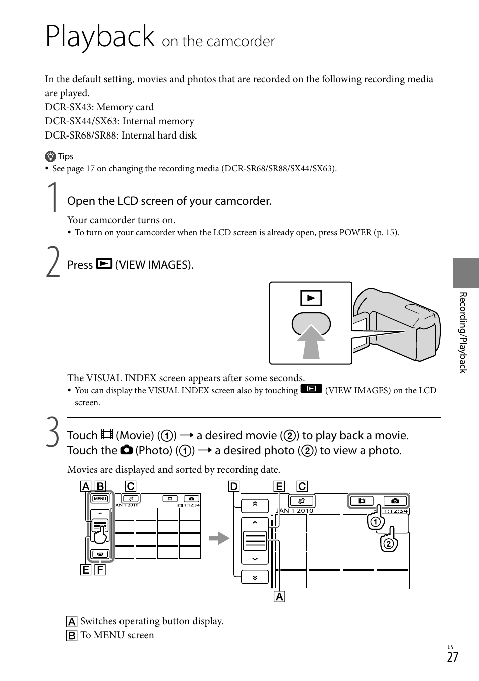 Playback on the camcorder, Playback, On the camcorder | Sony DCR-SR88 User Manual | Page 27 / 98