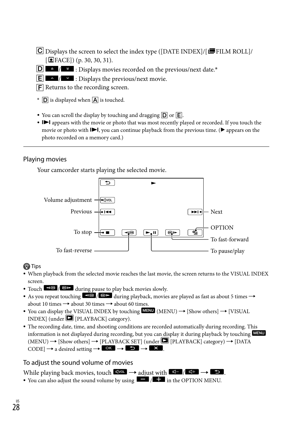 Playing movies | Sony DCR-SR88 User Manual | Page 28 / 98
