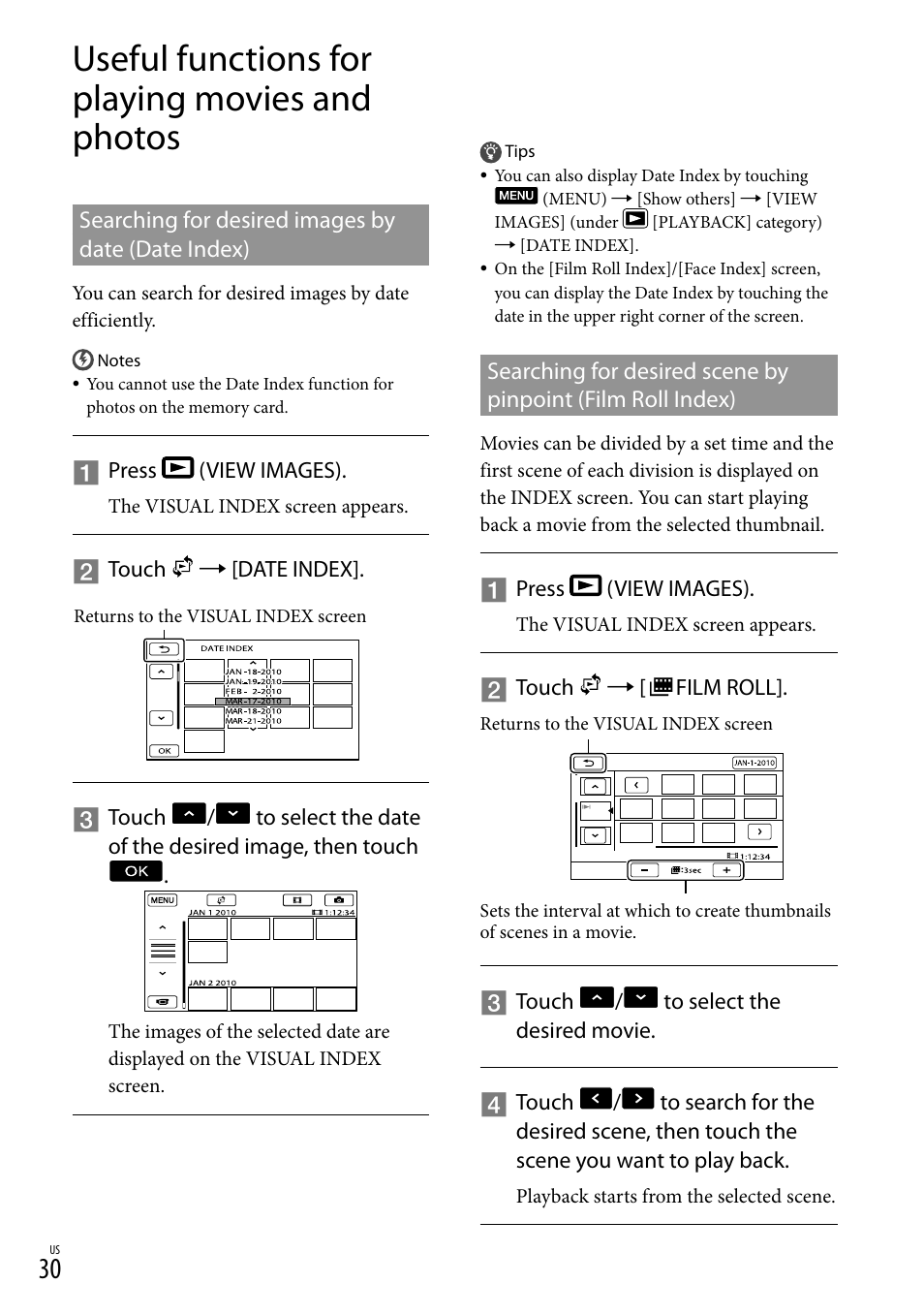 Useful functions for playing movies and photos, Searching for desired images by date (date index) | Sony DCR-SR88 User Manual | Page 30 / 98