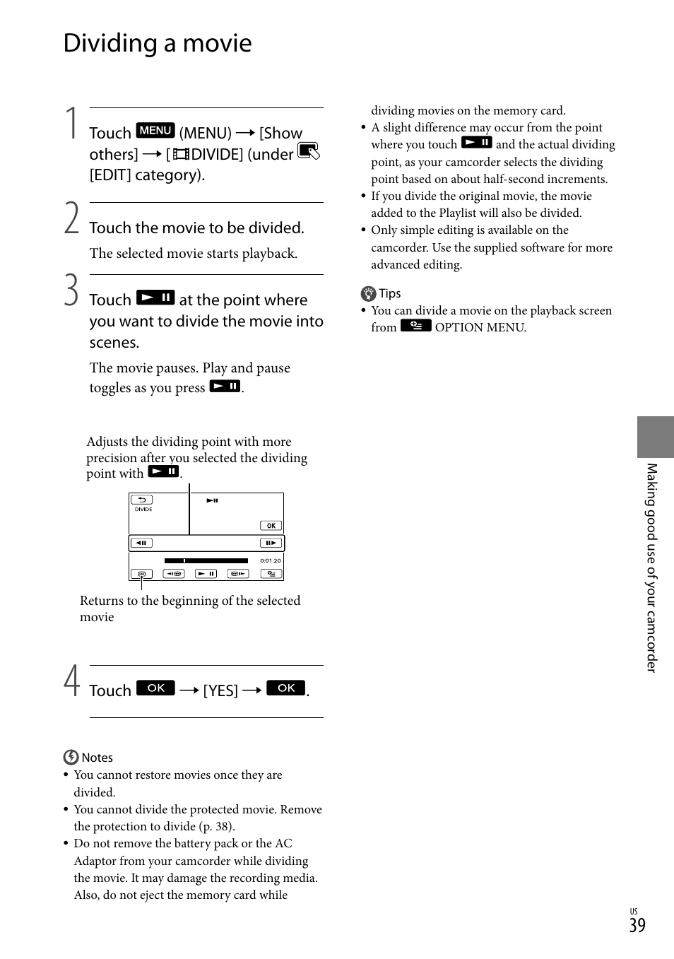 Dividing a movie | Sony DCR-SR88 User Manual | Page 39 / 98