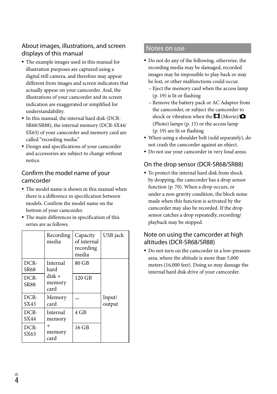Notes on use, Confirm the model name of your camcorder, On the drop sensor (dcr-sr68/sr88) | Sony DCR-SR88 User Manual | Page 4 / 98